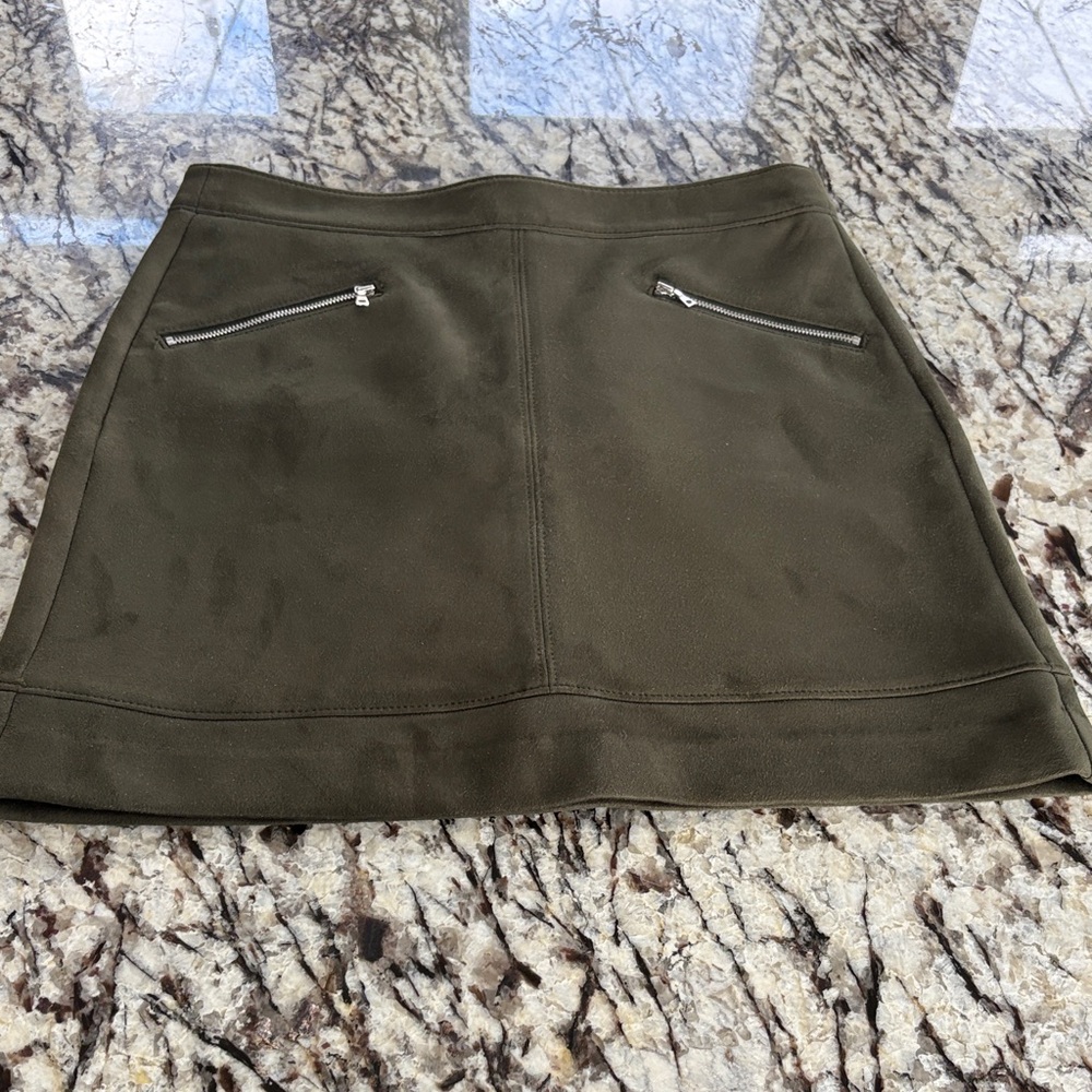 LOFT Olive Suede Mini Skirt with Silver Zippers